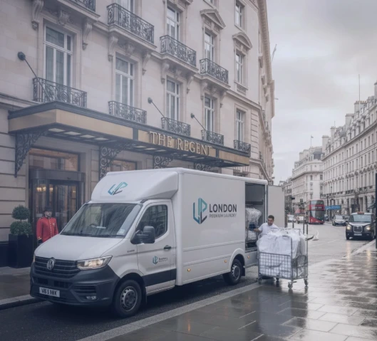 An LP Laundry collection van on a London street