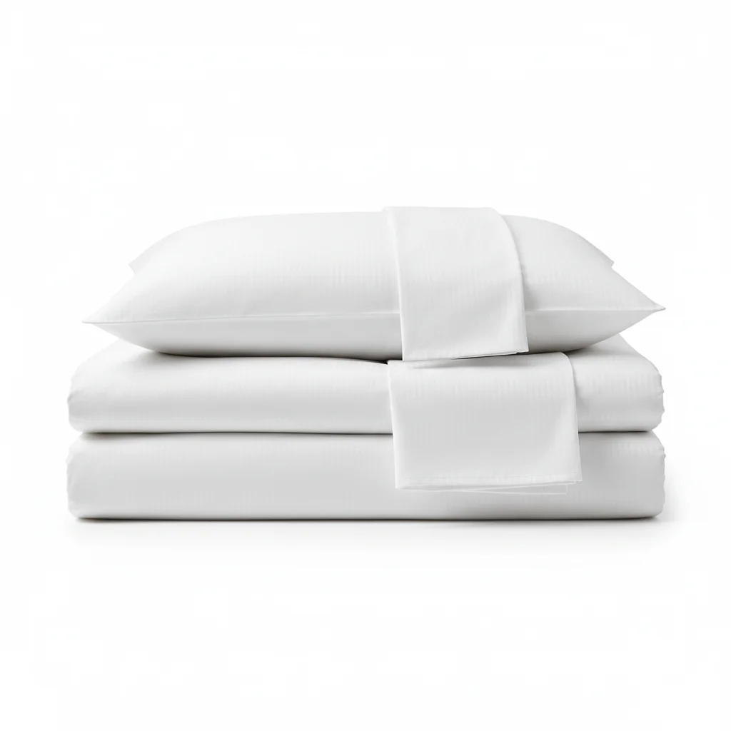 Folded white hotel bed linen and pillowcases