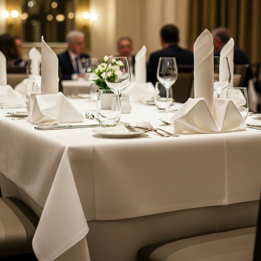 Pressed tablecloths and folded napkins laid up for service in Basildon