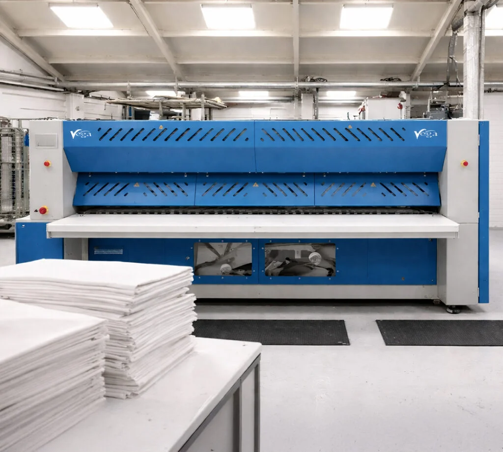 Flatwork ironer pressing cafe linen at the Wembley plant serving Thames Ditton